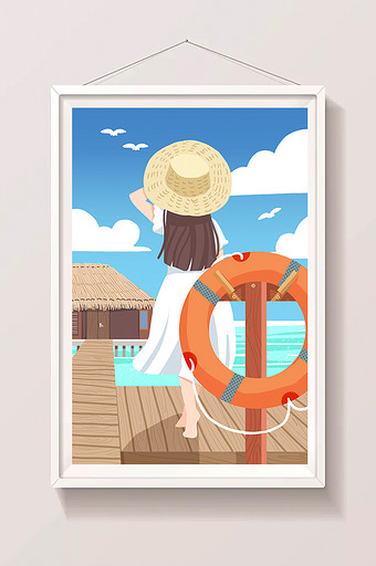 小清新唯美暑假休闲海边度假海鸟插画设计图片