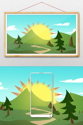 创意原野日出场景插画