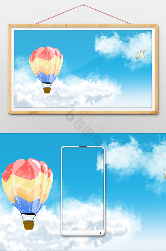 蓝天白云热气球插画图片