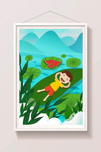 清晰暑假生活夏天小暑大暑男孩划船西瓜插画图片