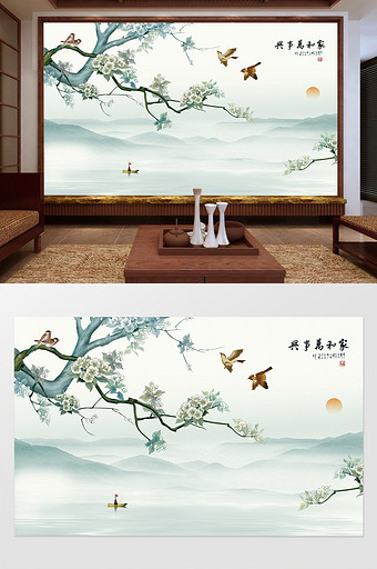 中式花鸟家和万事兴飞鸟背景墙定制图片