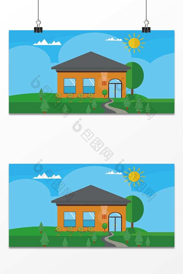 绿色草地上的小屋广告设计背景图