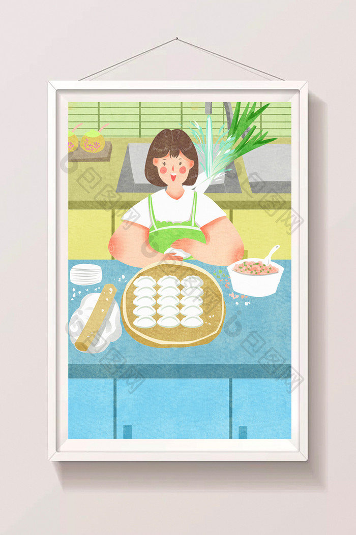 小清新可爱女性在家做饺子美食插画