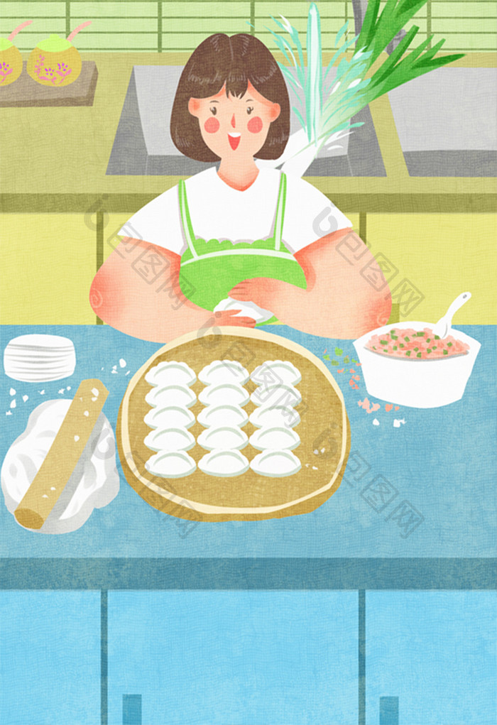 小清新可爱女性在家做饺子美食插画