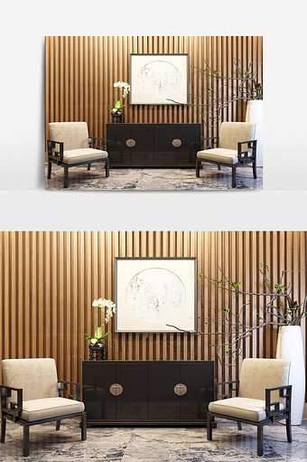 中式端景柜沙发大盆景树组合图片