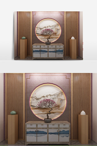 中式入户玄关柜带盆栽模型图片
