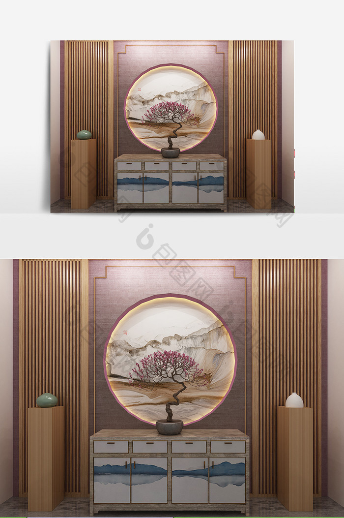 中式入户玄关柜带盆栽模型