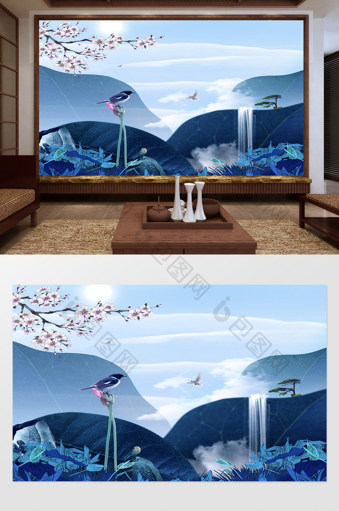 中式手绘山水情电视背景墙