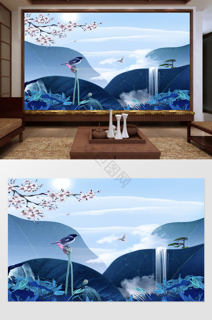 中式手绘山水情电视背景墙图片