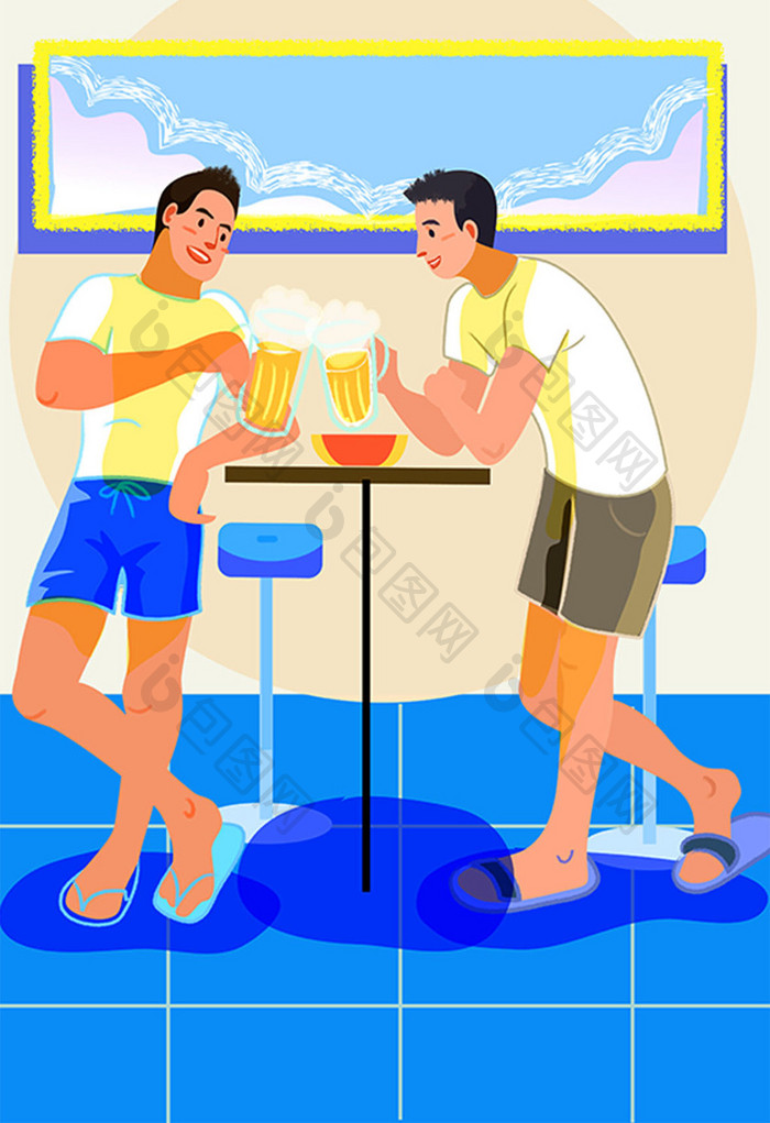 对比色夏天阳光休闲啤酒吧台兄弟矢量插图