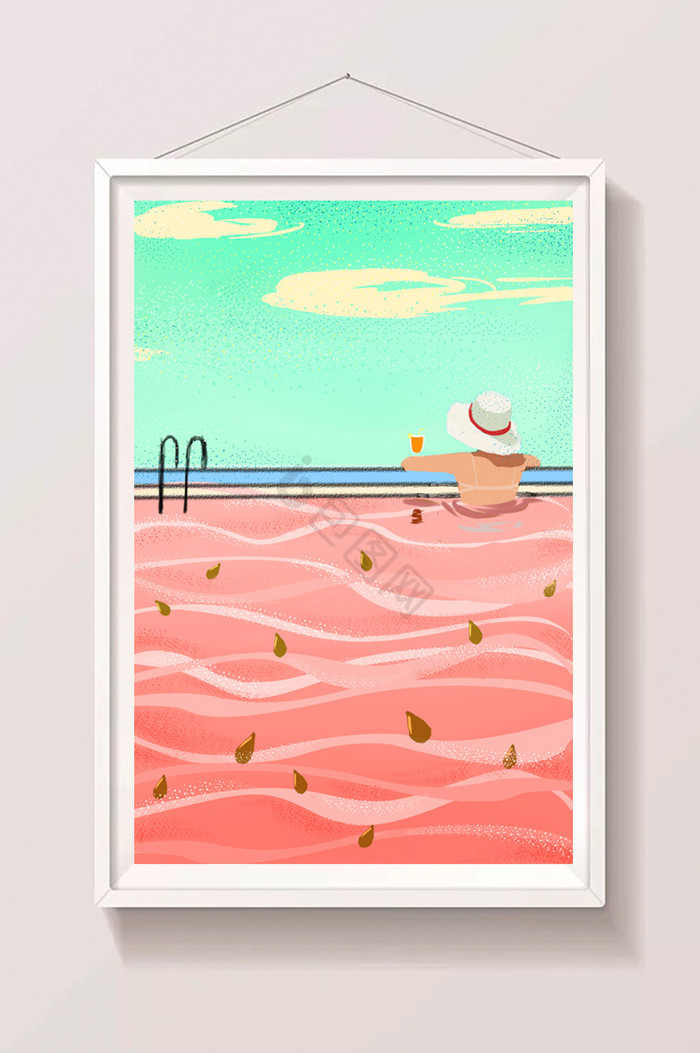 泳池海滩西瓜插画图片