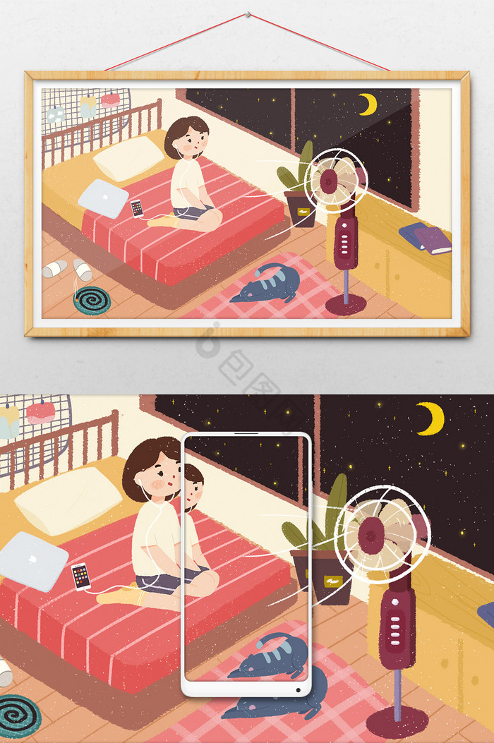 暑假夜晚看星星房间女生猫花盆生活方式插画图片