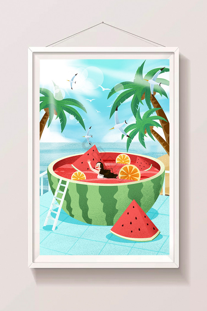 节气夏至插画夏日夏季西瓜游泳插画