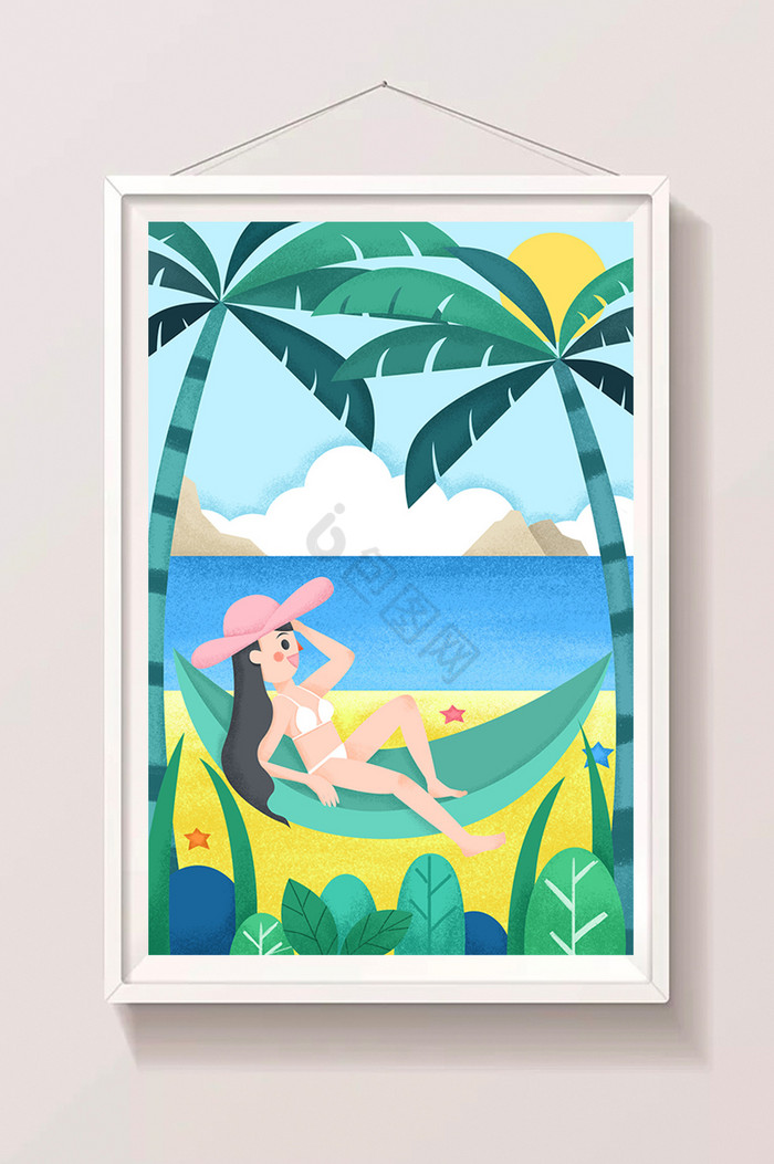 海洋沙滩美女夏至小暑椰树吊床度假插画图片