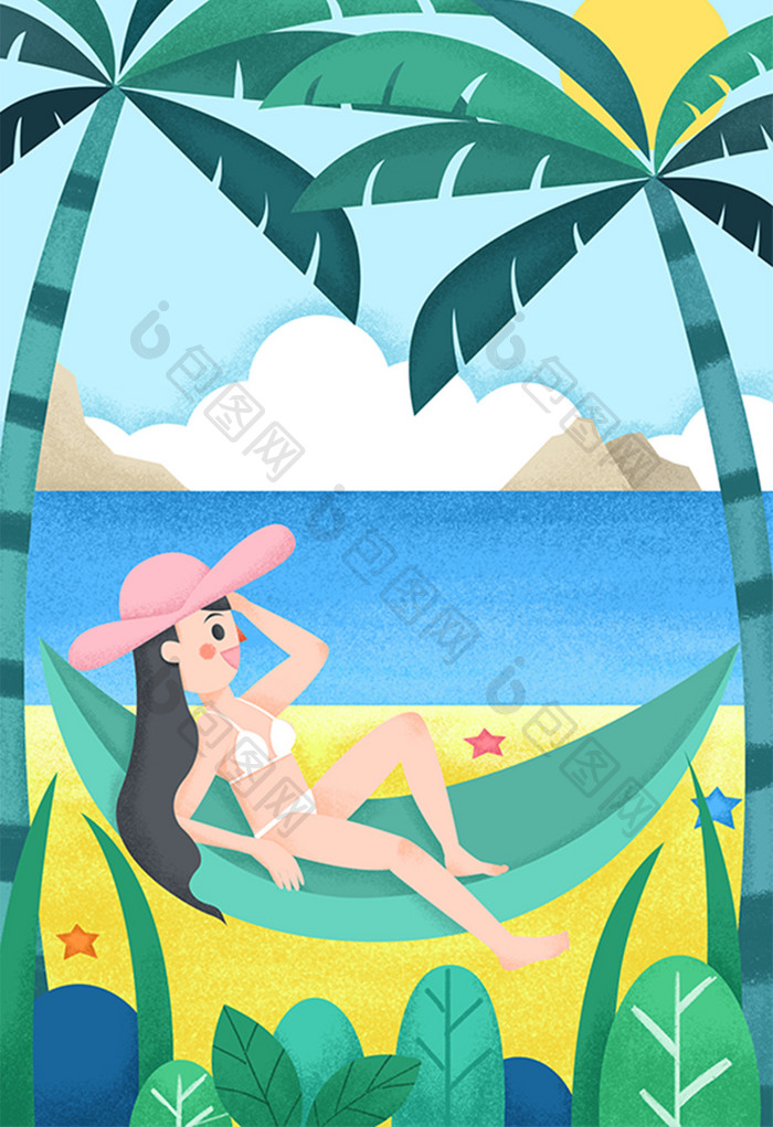 唯美海洋沙滩美女夏至小暑椰树吊床度假插画