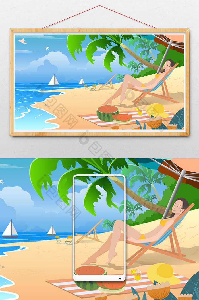 橘色浪漫风海滩大海女孩比基尼插画图片