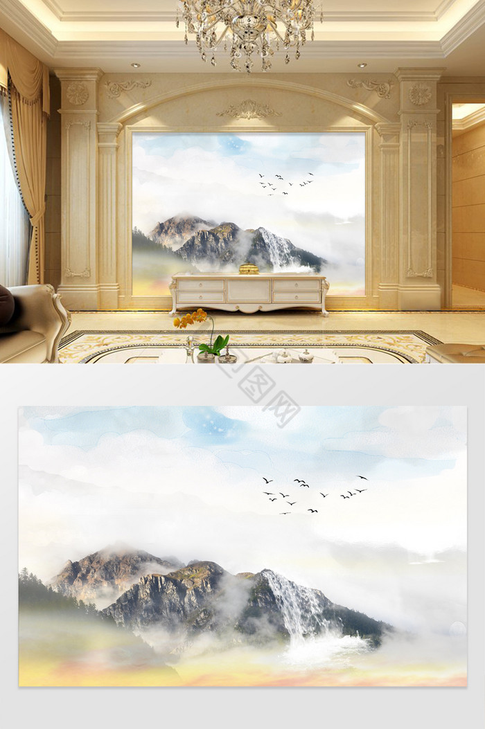 高清中式大理石纹山水日出背景墙云图片