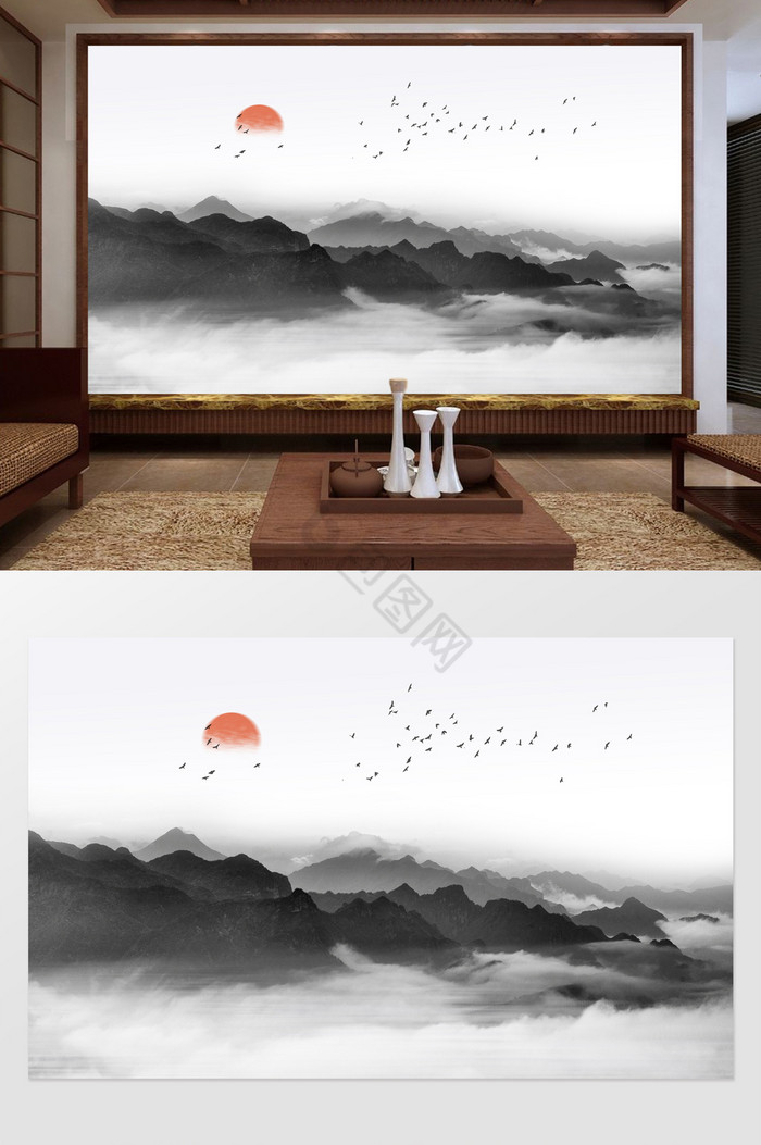 新中式山水意境风景背景墙定制图片