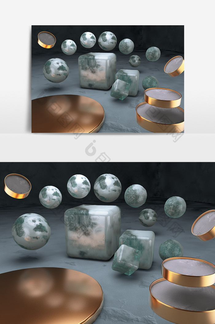 C4D原创立方体冰块圆形冰块装饰素材夏日