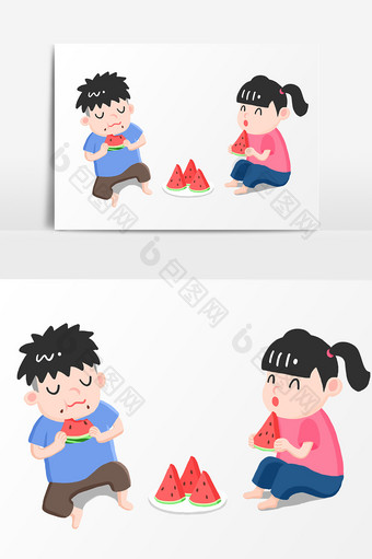 夏天吃西瓜的小孩卡通手绘插画元素图片