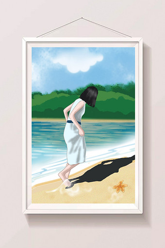 唯美小清新夏季女孩海边玩耍戏水原创插画图片