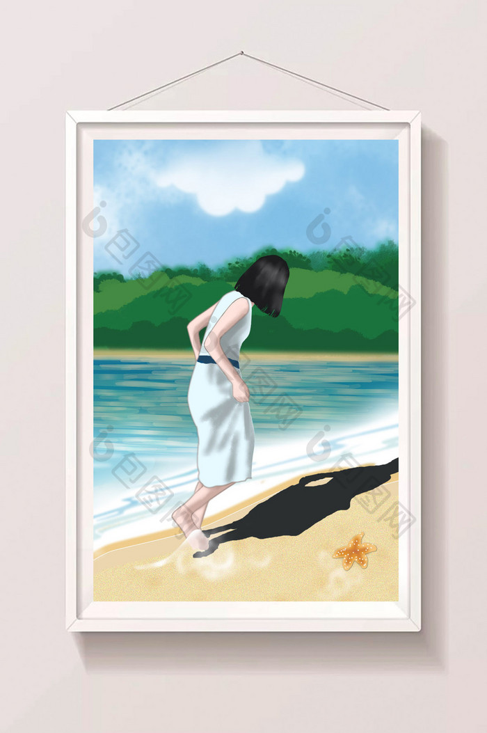 唯美小清新夏季女孩海边玩耍戏水原创插画