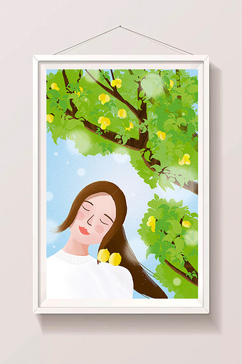 绿色清新唯美少女柠檬树下夏至小暑插画海报图片