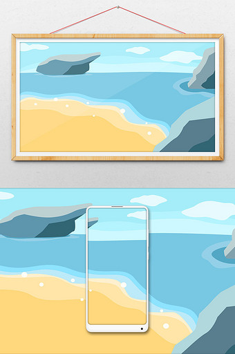 蓝色海边游玩沙滩扁平海报手绘插画背景分层图片