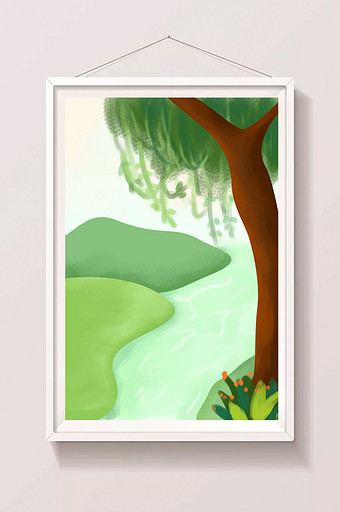 夏季河流柳树风景卡通场景海报背景手绘设计图片