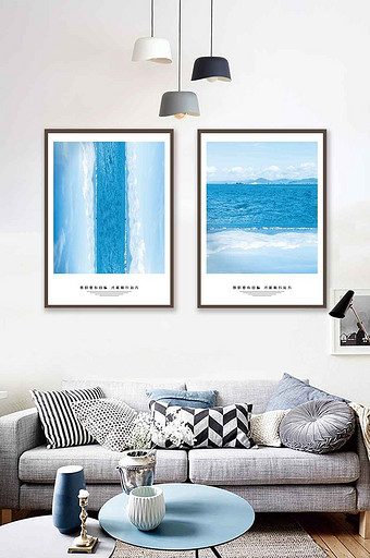 地中海蓝色大海文艺风格客厅两联装饰画图片