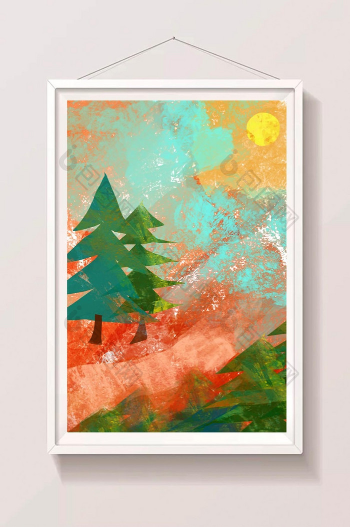 纯色抽象树林风景背景插画