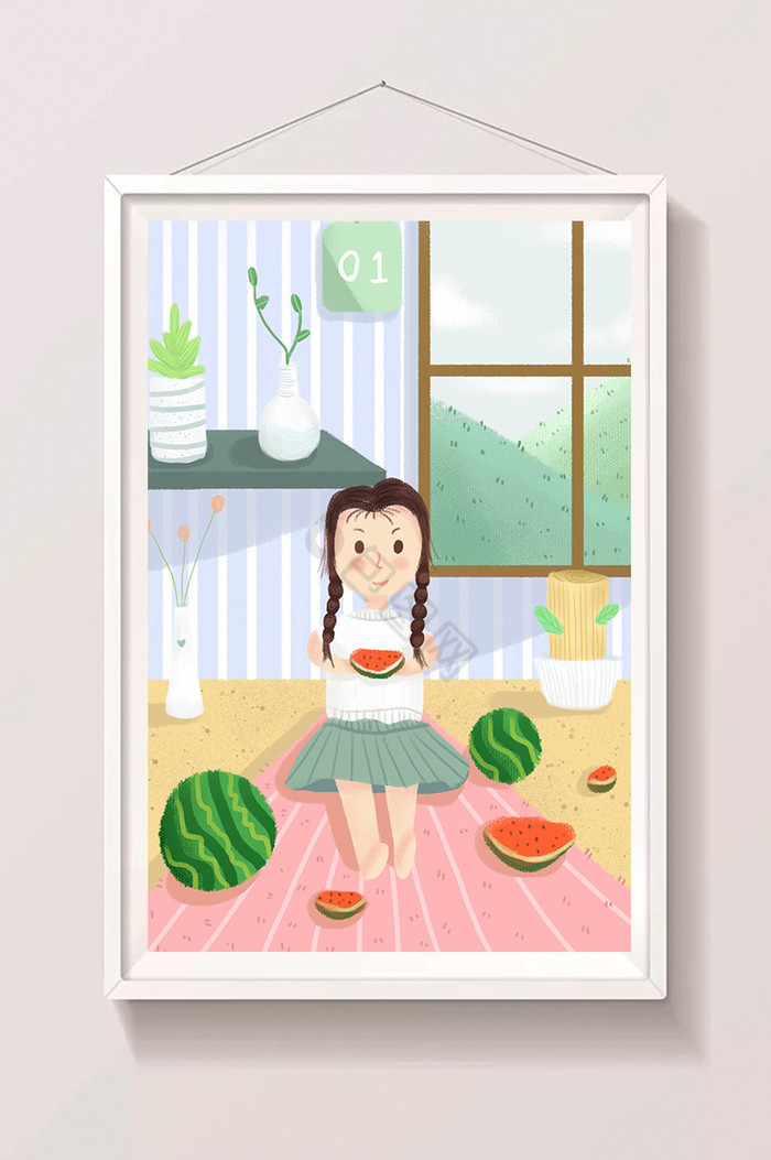 夏季女孩吃西瓜插画图片