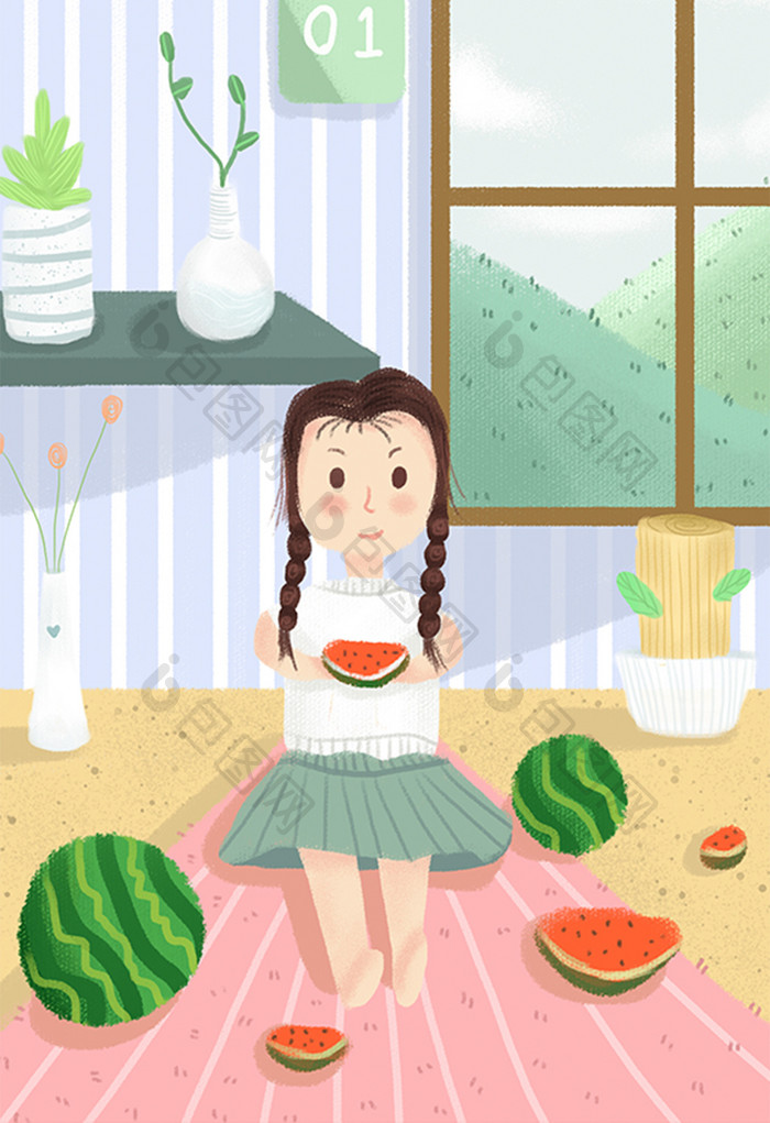 小清新夏季女孩吃西瓜插画