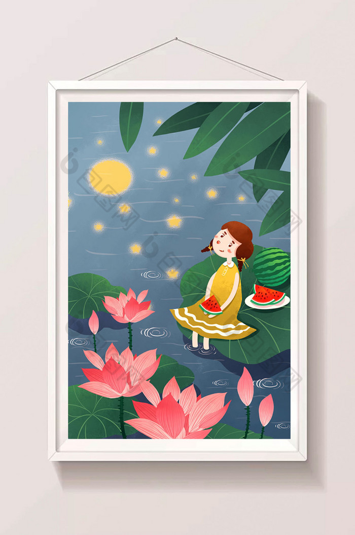 夏日夜晚荷塘乘凉插画图片
