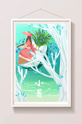 唯美清新女性夏天湖面划船插画图片