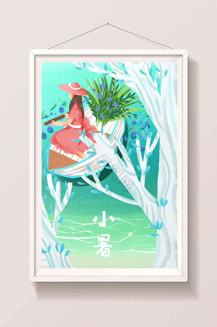 女性夏天湖面划船插画图片