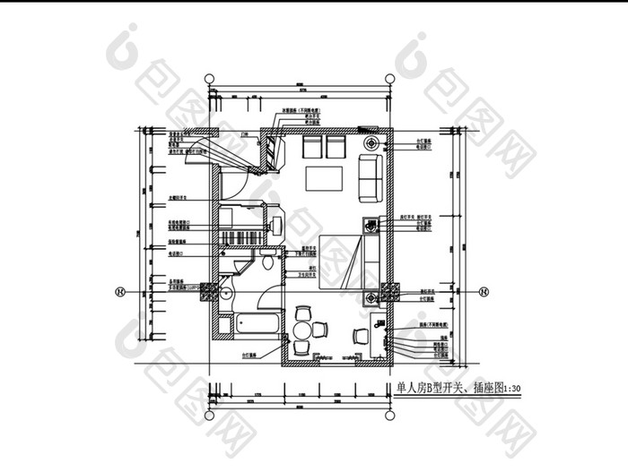 宾馆单人房间开关插座CAD分布图