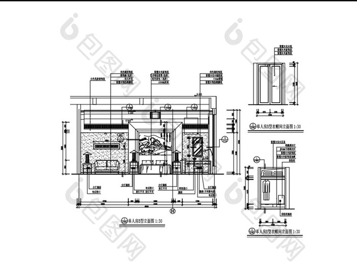 酒店单人房CAD立面装修图纸