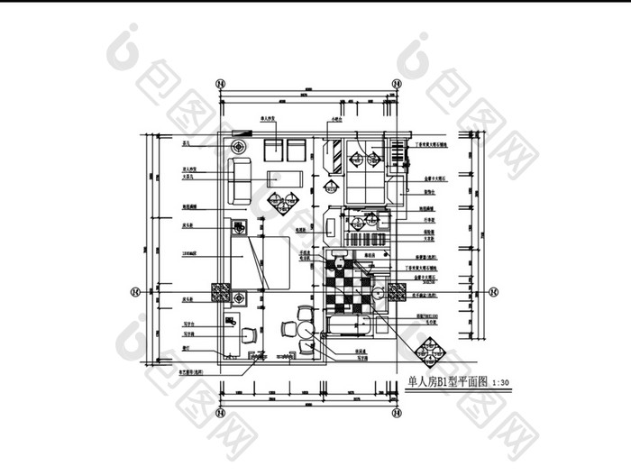 酒店单人房间CAD平面布局图纸