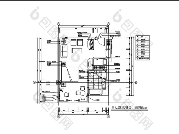 酒店单人房间开关插座CAD平面分布图
