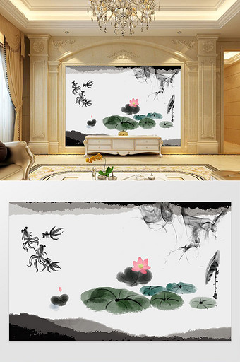 新中式中国风荷塘金鱼电视背景墙图片