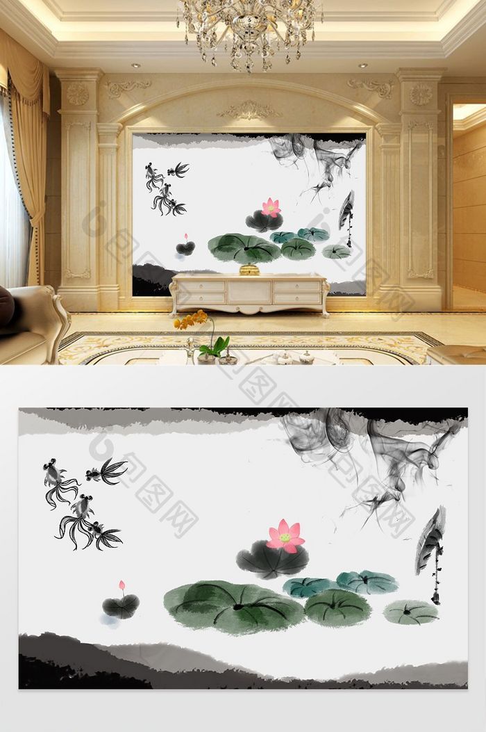 新中式中国风荷塘金鱼电视背景墙