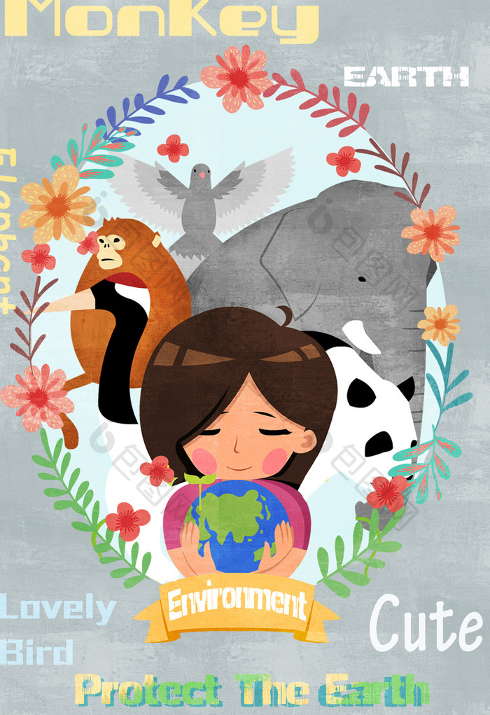 灰色矢量女孩与动物保护环境清新插画