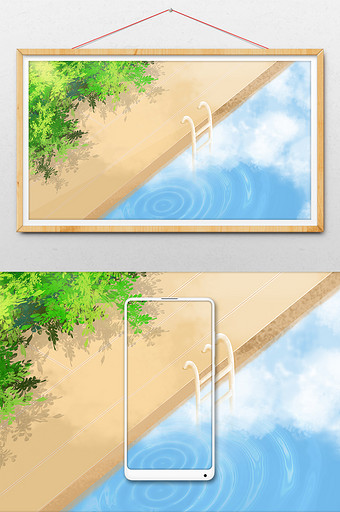 水彩手绘唯美夏日游泳池图片