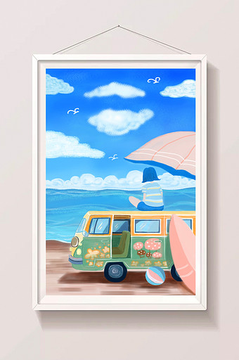 夏日暑期小女孩车房海边游插画图片