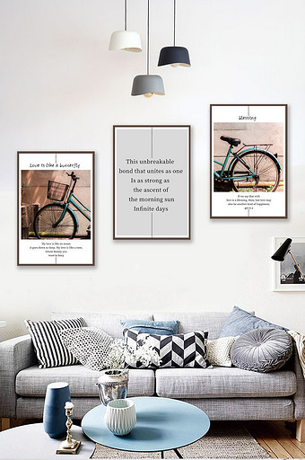 北欧风小清新复古自行车三联装饰画图片