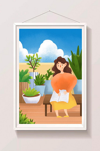 小清新绿色植物居家看书的女孩插画图片