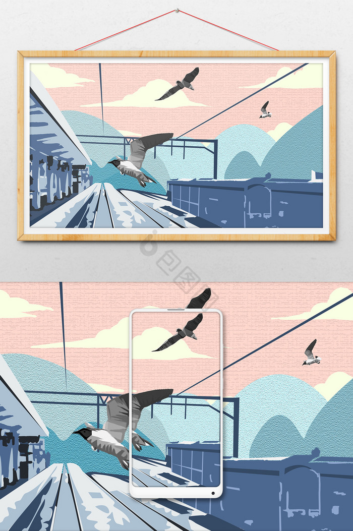 车站飞鸟风景插画图片