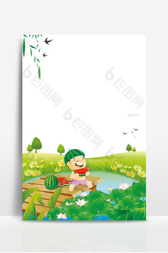 夏日野外吃瓜的小孩广告设计背景图图片