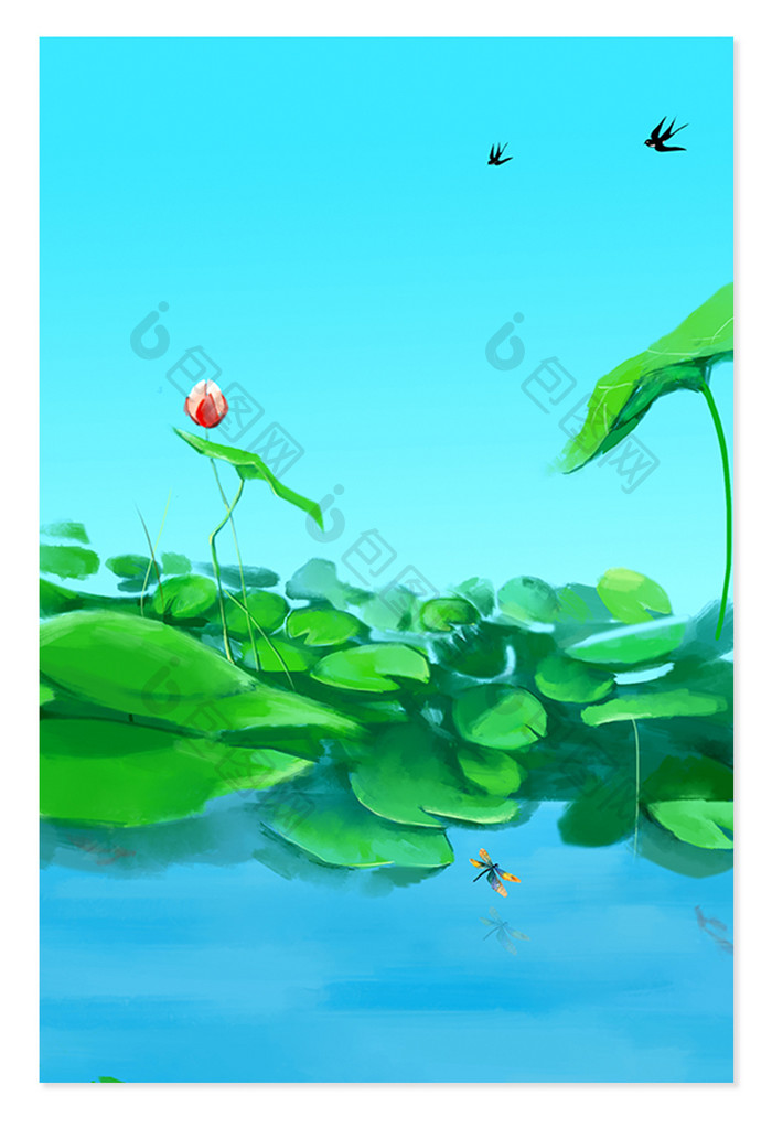 蓝色清新荷塘风景广告设计背景图